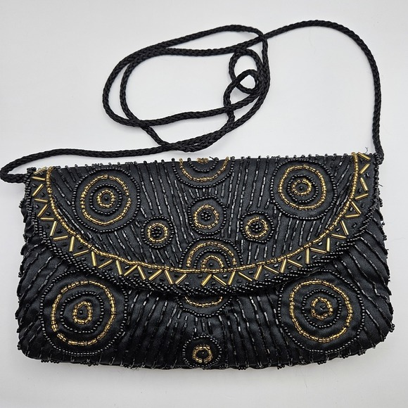 Handbags - Beaded Handbag‎ Purse Black Gold Evening Hoco Shoulder Strap